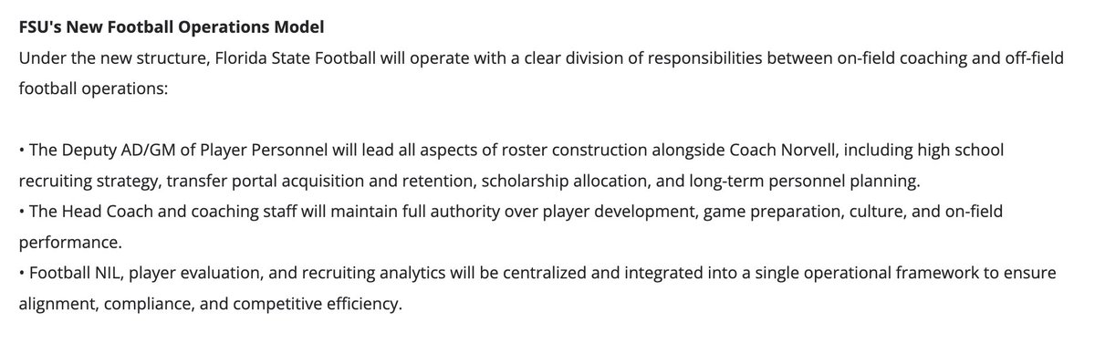 ZBlostein247's tweet photo. A look at FSU's new operations model https://t.co/6ro0htzMN4