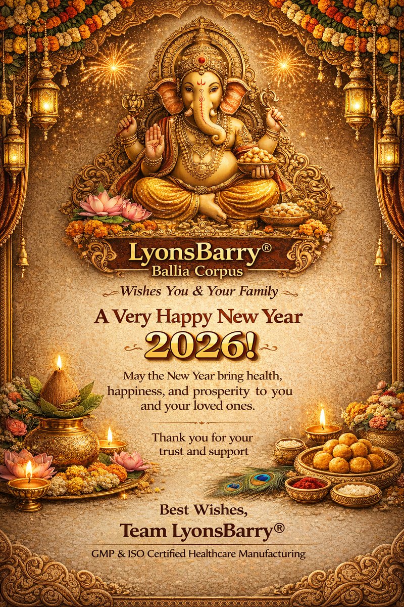 Best Wished for Good Health and Progress in Life.
 
#HappyNewYear2026 #LyonsBarry #BalliaCorpus #HealthcareManufacturing
#Ayurveda #Nutraceuticals #IndianCulture #SanatanDharma
#GMPcertified #TrustedPartners #GlobalHealthcare #MadeInIndia