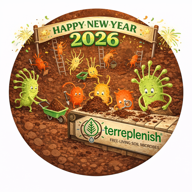 feedearthnow's tweet photo. Happy New Year from Team Terreplenish®!  May your health and wealth multiply in 2026—just like Terreplenish® thriving soil microbes. 🌱 🚀 💰 @cpsavesoil @MarkGaalswyk @ezenviro https://t.co/d0qfOiPFFg