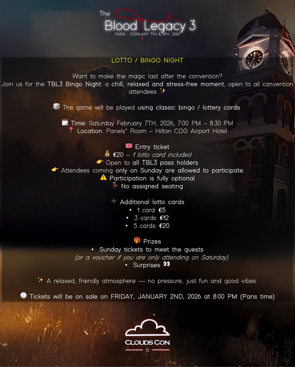 🇫🇷🎱 LOTO / BINGO NIGHT

Des grilles. Des surprises.
Des rires. Un BINGO qui peut tout changer 👀✨

La soirée chill qu’il ne faut pas rater.

🎟 Billetterie : billetweb.fr/the-blood-lega…
🕗 Vente vendredi 2 janvier 2026 – 20h
——
🇬🇧🎱 LOTO / BINGO NIGHT

Cards. Surprises.
Good vibes.