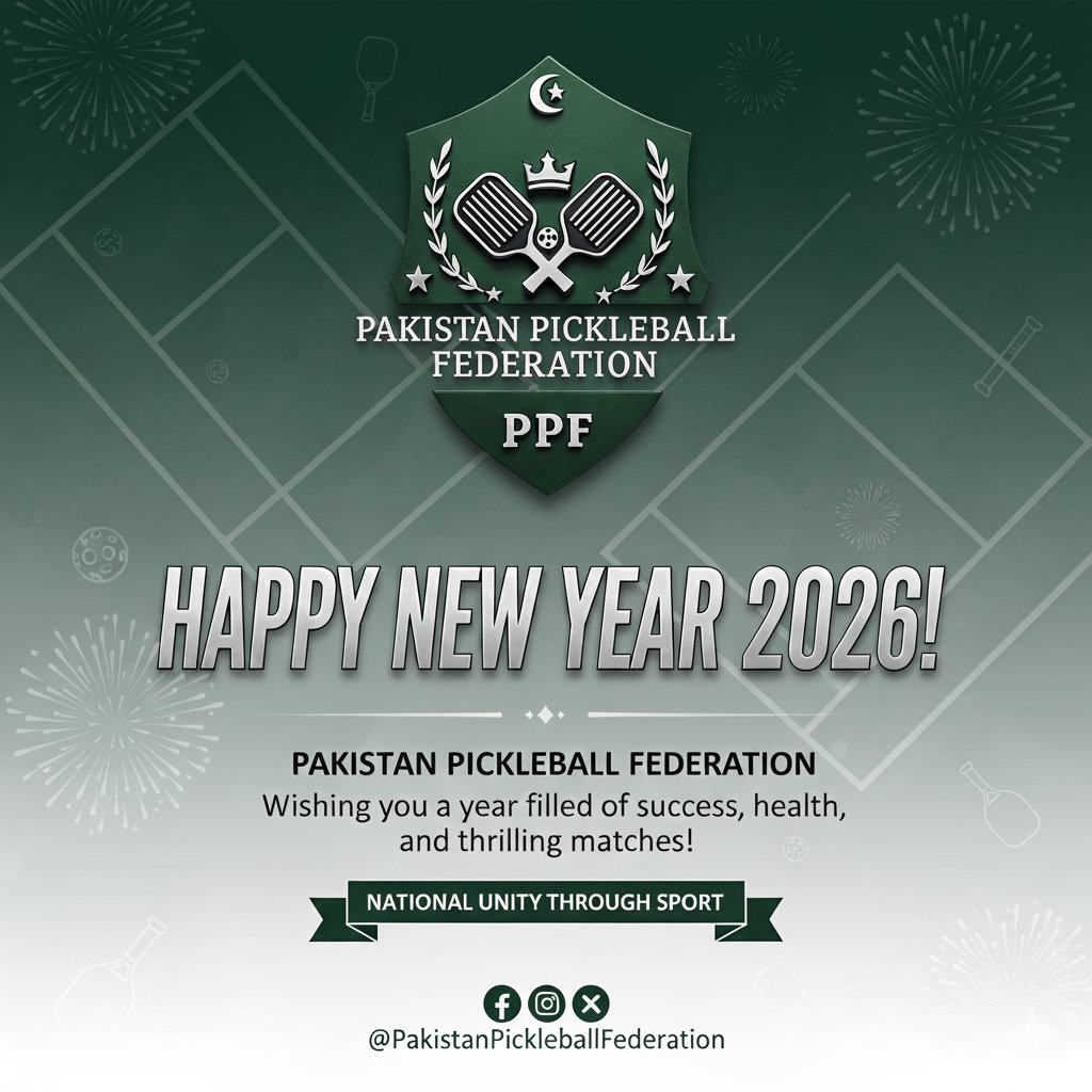 pakpickleball's tweet photo. The Pakistan Pickleball Federation is ready to serve excellence and lead the sport into a historic 2026.

Happy New Year!

#PickleballPakistan #PPF2026 #RisingGreen https://t.co/nZaHNDAXkB