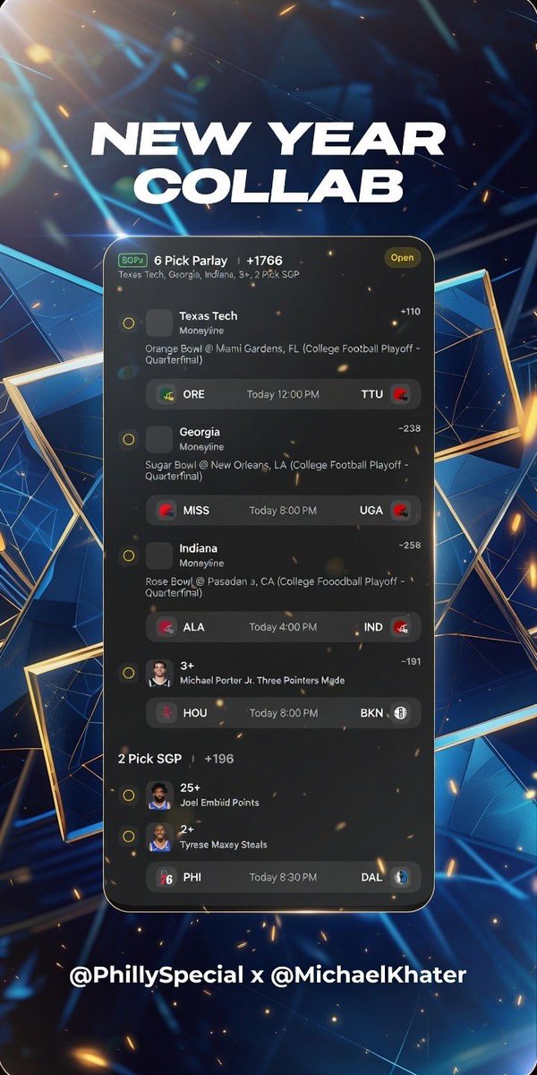 NEW YEAR COLLAB 🔥 +1766

<a href="/PhillySpecial/">Cheez Stakes™ 🧀</a> x <a href="/MichaelKhater/">New Mike</a> 

Who wants $50 when this hits? 💰

To Enter: 
LIKE ❤️
COMMENT 💬  “ #GamblingX “
REPOST 🔁 
FOLLOW BOTH 🤝👆

Winner picked when it cashes! Let's eat 🤑

#HappyNewYear 🔗 ⬇️