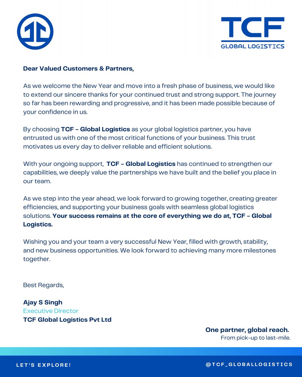 New Year. Renewed Commitment. Stronger Partnerships.

As we move into new year, we reaffirm our promise to customers &amp; partners—stronger relationships, smarter processes, dependable execution, &amp; responsible growth.

Your trust drives us, and your success remains our priority.