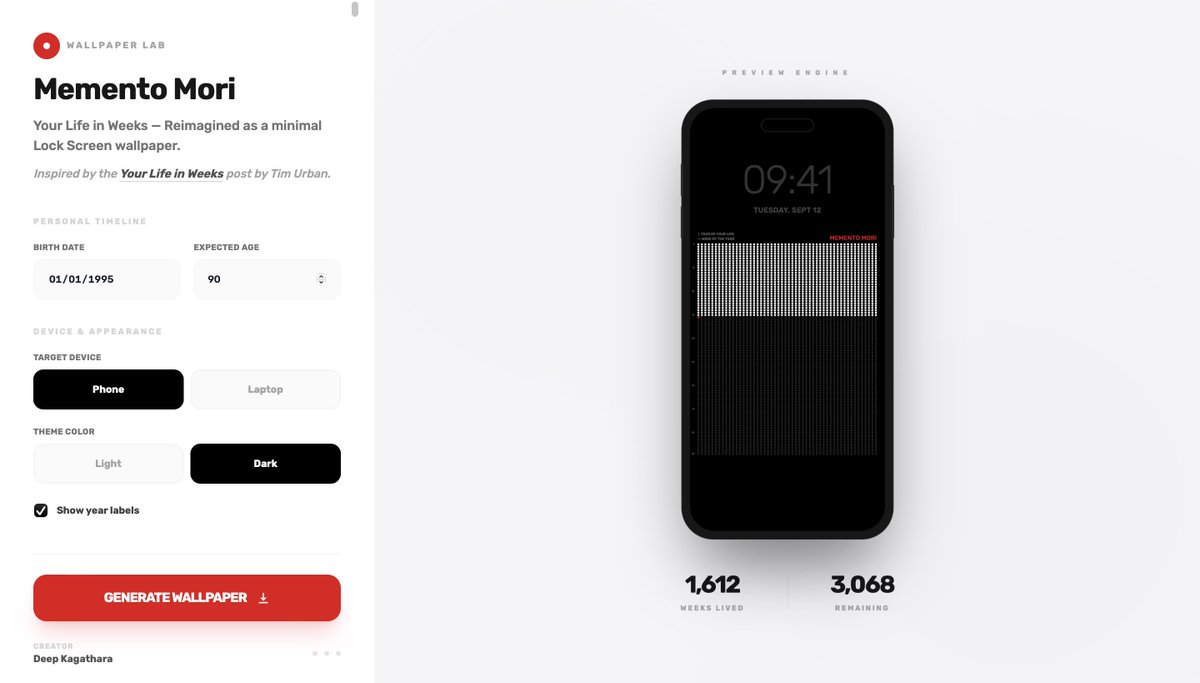 deepkagathara's tweet photo. @viraj_sheth If you want a similar concept (Life in weeks by Tim Urban) as a wallpaper I have created a web app for it. You can generate for phone/laptop or light/dark mode. Still work in progress. https://t.co/qM8tUonSBZ https://t.co/4I91ZZlJEm