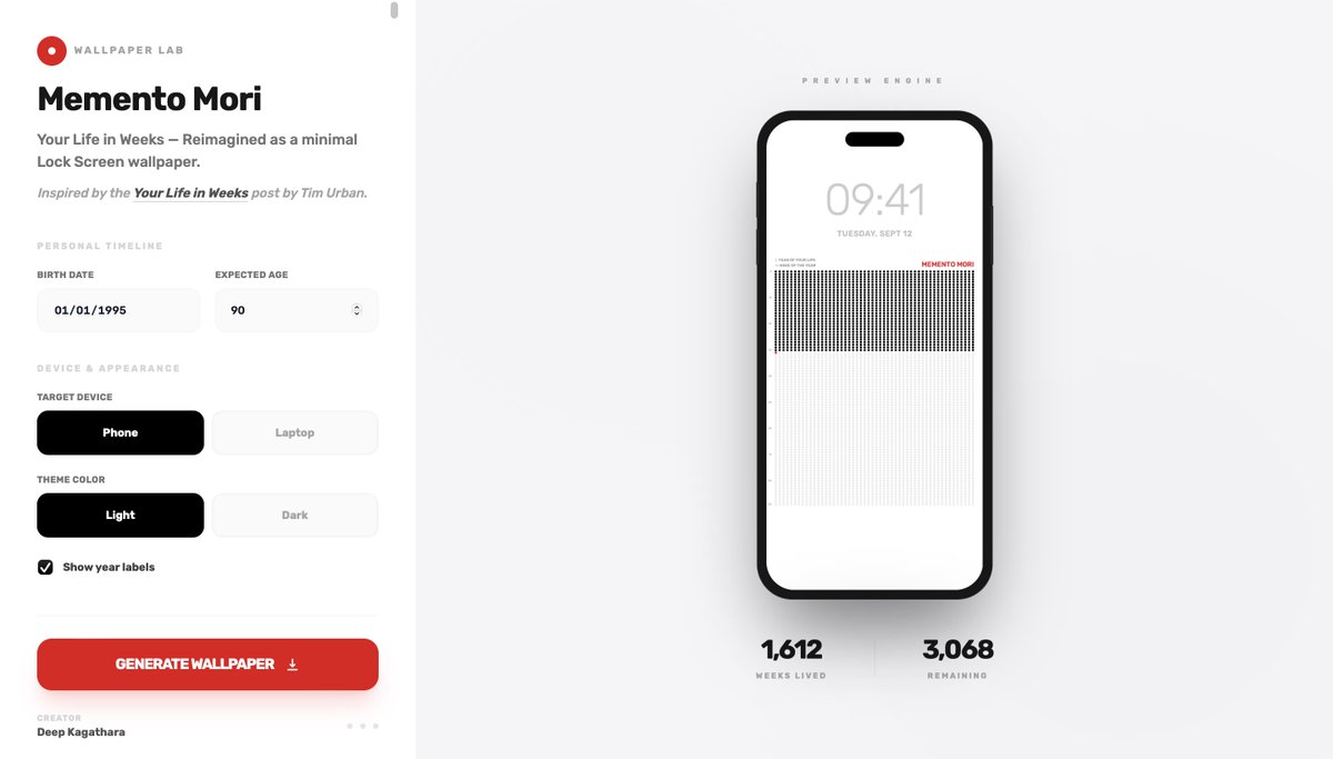 deepkagathara's tweet photo. @viraj_sheth If you want a similar concept (Life in weeks by Tim Urban) as a wallpaper I have created a web app for it. You can generate for phone/laptop or light/dark mode. Still work in progress. https://t.co/qM8tUonSBZ https://t.co/4I91ZZlJEm