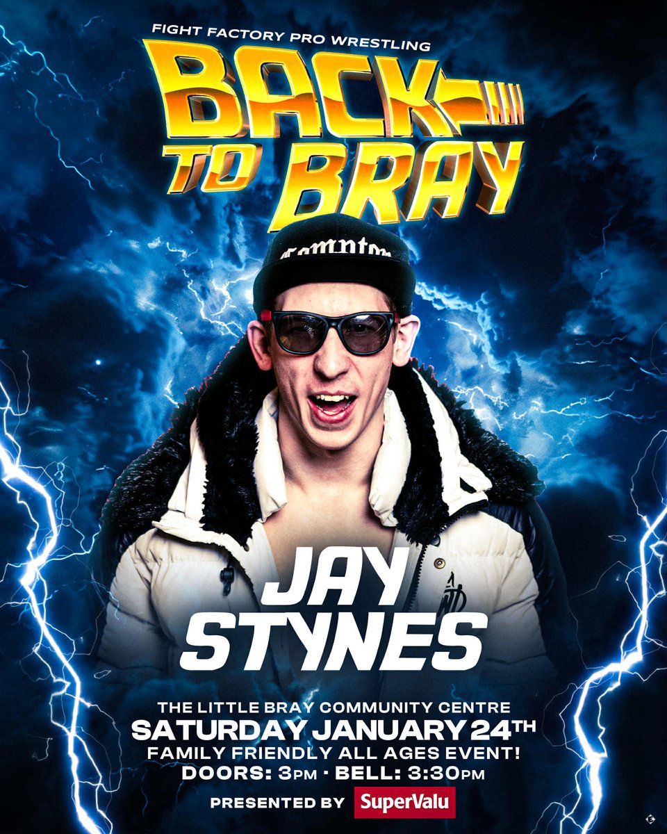 FFPWIreland's tweet photo. Pro wrestling returns to BRAY!

The Ringleader - and hometown hero @Jay_Stynes_ will be in action!

👨‍👩‍👧‍👦: Family Friendly, all ages
📅: Saturday Jan 24th
🕐: Doors 3pm, First Bell 3.30pm

Tickets (Family deal available ⬇️)
https://t.co/r639oL5vCd https://t.co/Wk5N39m06j
