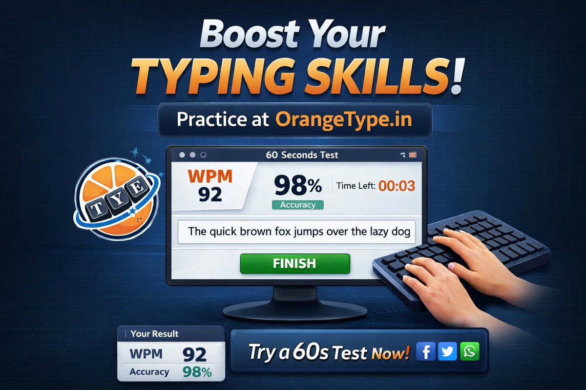 orangetype_in's tweet photo. Typing Speed Test
Measure your WPM, accuracy, and consistency
in just 60 seconds.
Start Typing → https://t.co/JT9lna0Ycx
#TypingTest #TypingPractice #WPM #TouchTyping #TypingSpeed
#Productivity #SkillBuilding #TypingChallenge https://t.co/1M21qWcoLv