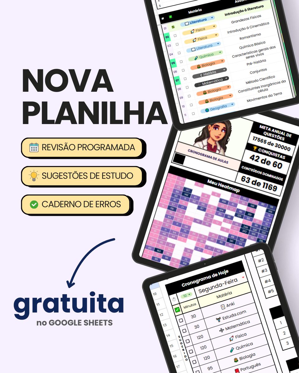 estuda_mel's tweet image. 📊 Planilha de Estudos GRATUITA [Google Sheets]
💻​ Para: Vestibular, Concurso Público e outras provas

⟡ Destaques:
⭑ Cronograma dinâmico, contador de questões, controle de provas e de redação
⭑ Sugestões de Estudos
⭑ Caderno de Erros (Questões e Red)
⭑ Revisão Programada