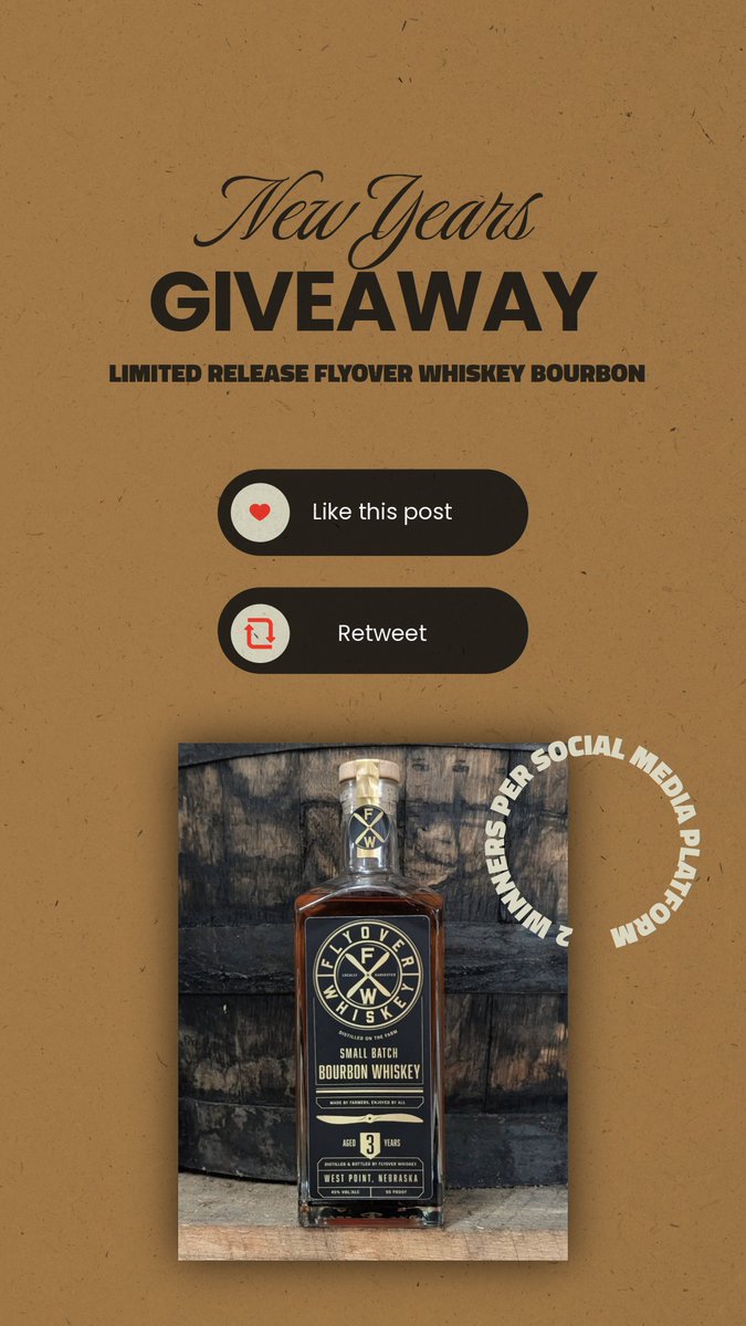 BOURBON GIVEAWAY!

Help us ring in the new year for all your support this year!

Each winner will receive a single bottle of Flyover Whiskey Bourbon. Winner chosen Friday at 5pm CT. Must be 21 to win. 2 winners per social media platform.

HOW TO ENTER:
•Like
•Share
•Follow us
