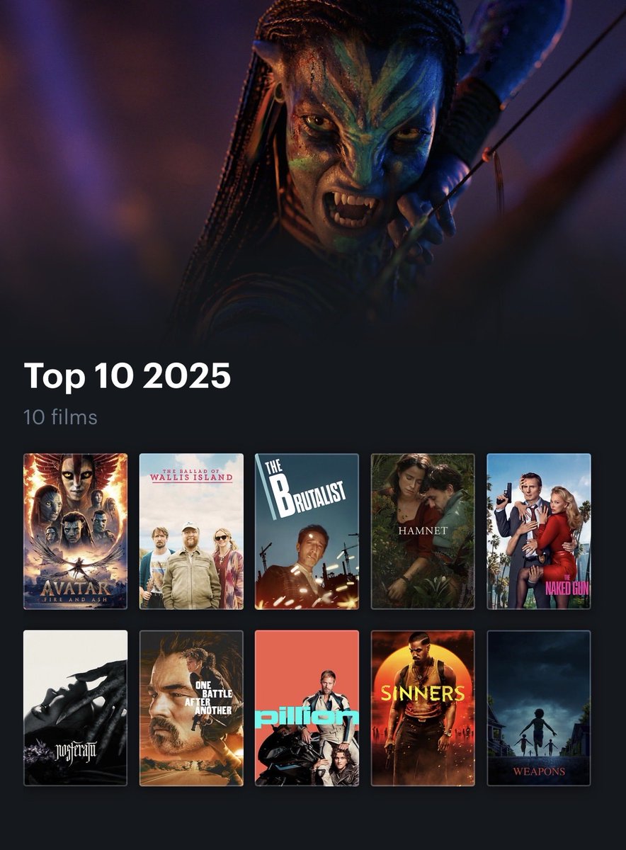 EdGTMorris's tweet photo. Top 10 2025 (a-z):

Avatar: Fire and Ash
The Ballad of Wallis Island
The Brutalist
Hamnet
The Naked Gun
Nosferatu
One Battle After Another
Pillion
Sinners
Weapons

#Letterboxd https://t.co/UhltqN2ohJ