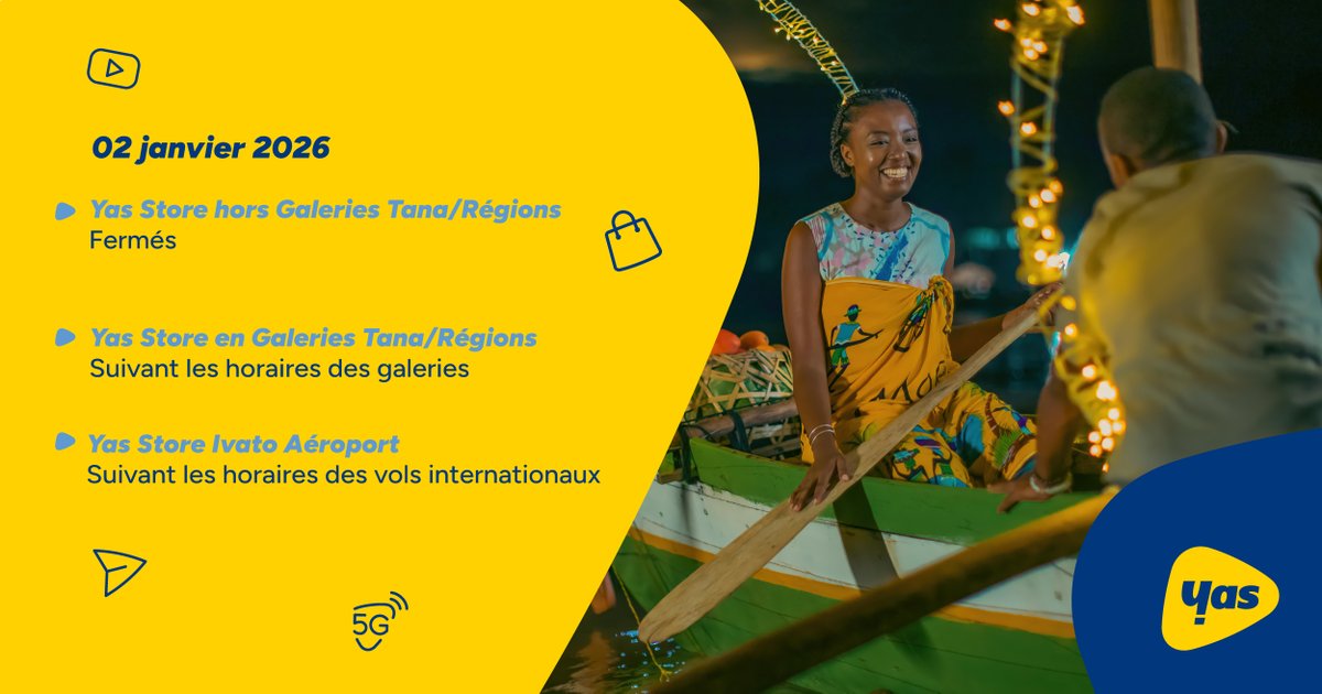 ⏱️Horaire d'ouverture Yas Store Tana et Régions - Vendredi 2 Janvier 2026🗓️
La Team Yas vous souhaite une très belle année 2026 !🎊

#NdaoFaLera