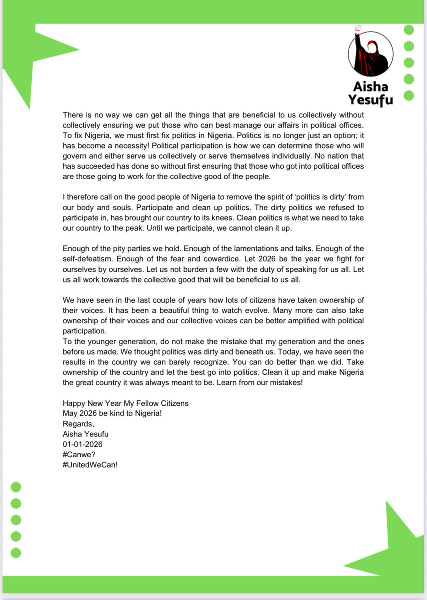 AishaYesufu's tweet image. My Fellow Nigerians,
 
No One Is Coming To Save Us
2025 ended yesterday. It was a year that drained us individually and collectively. It tested our faiths in ways so unimaginable that many have been left shell shocked! We are still reeling at what 2025 presented to…