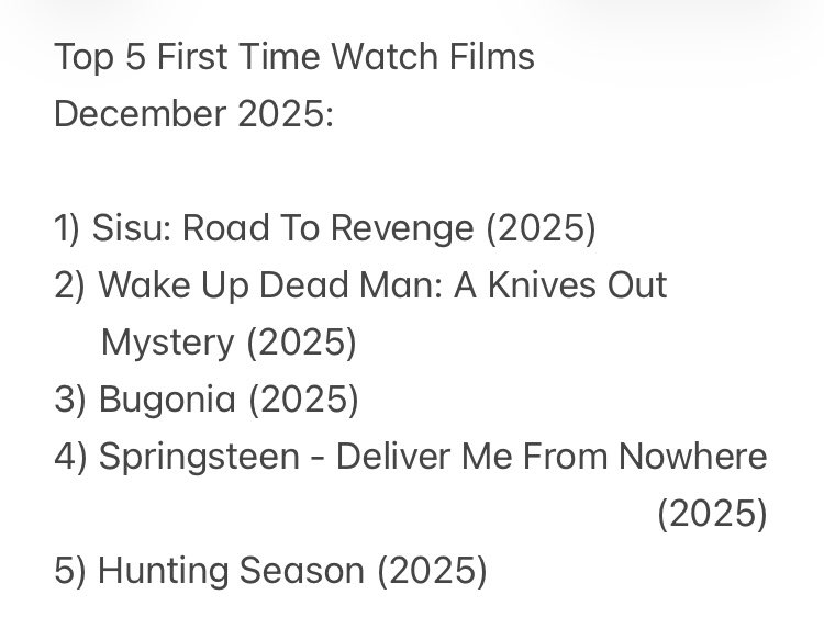 26 films watched last month (December ‘25). 255 watched in total in 2025, beating last year’s tally by just 5 films. Hey, at least I’m fairly consistent….