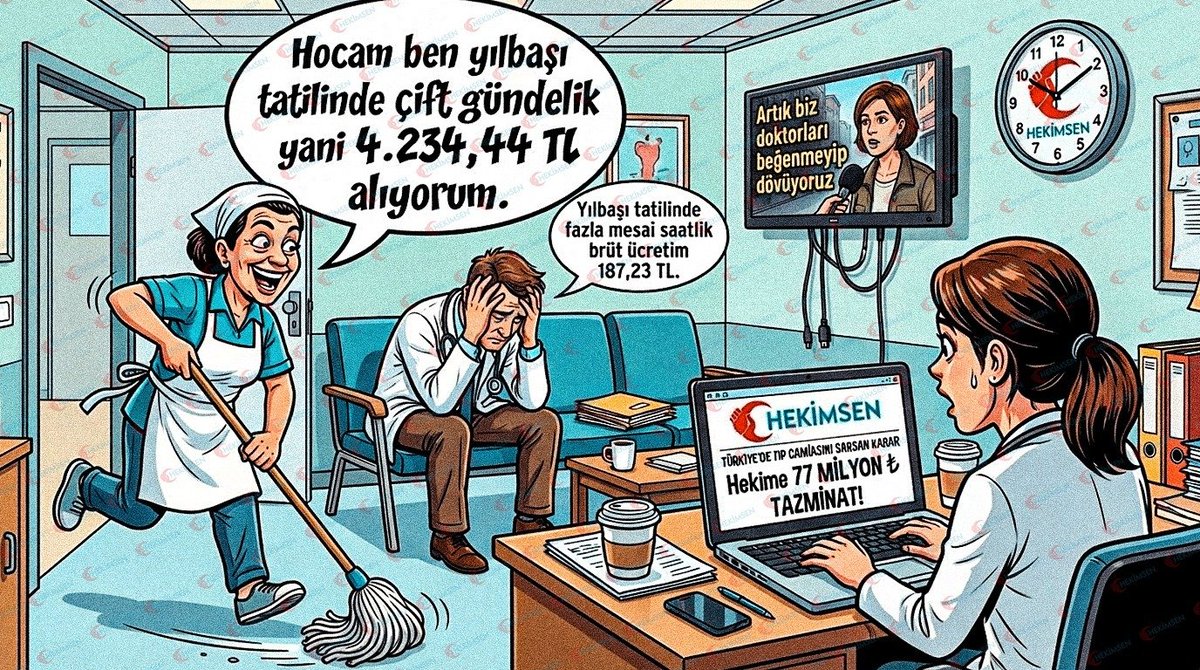 🔴 Yılbaşı tatilinde aynı gün, aynı hastane, farklı unvanlar
🧹 Yılbaşı tatilinde temizlik işçisi artırımlı çift gündelik, yani brüt 4.234,44 TL almaktadır.
🩺 Yılbaşı tatilinde bir uzman hekim ise fazla mesai saatlik brüt ücret olarak 187,23 TL almaktadır.
Birinin emeği “tatil