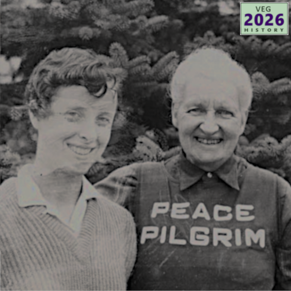 On January 1 1953, the legendary vegetarian activist Peace Pilgrim began her first transcontinental walk for peace. She wound up crossing the US on foot multiple times. Peace Pilgrim visited AVS on some walks. Here she is with American Vegan Society’s Freya Dinshah in 1964.
