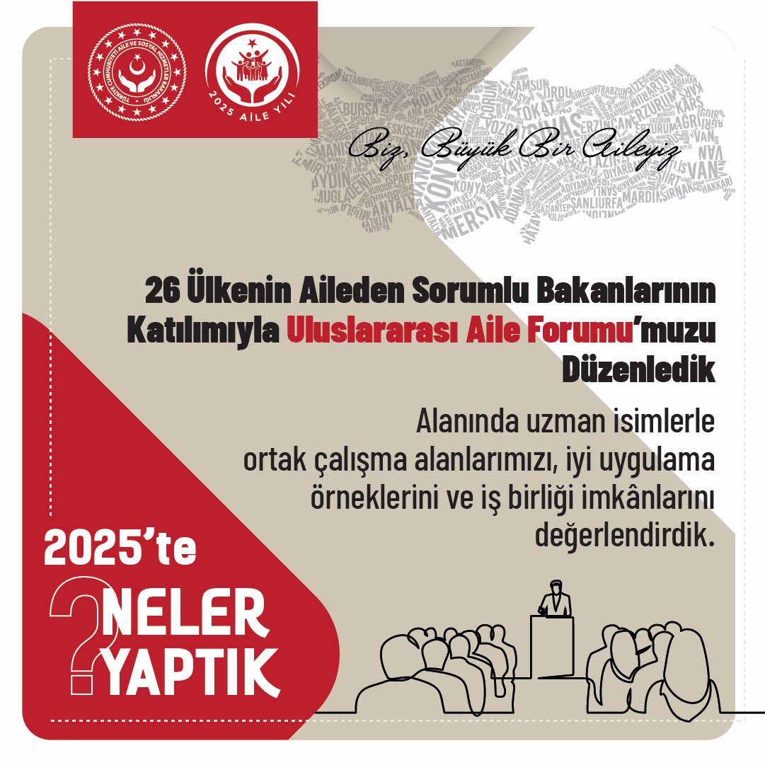 #AileYılı'nda dünyanın dört bir yanından katılımcılara ev sahipliği yapan Uluslararası Aile Forumu’muzu, “Ailemiz Geleceğimiz” temasıyla İstanbul’da gerçekleştirdik. 
 
Politika yapıcıların ve uzman isimlerin bir araya geldiği etkinlikte, ortak çalışma alanları, iyi uygulamalar