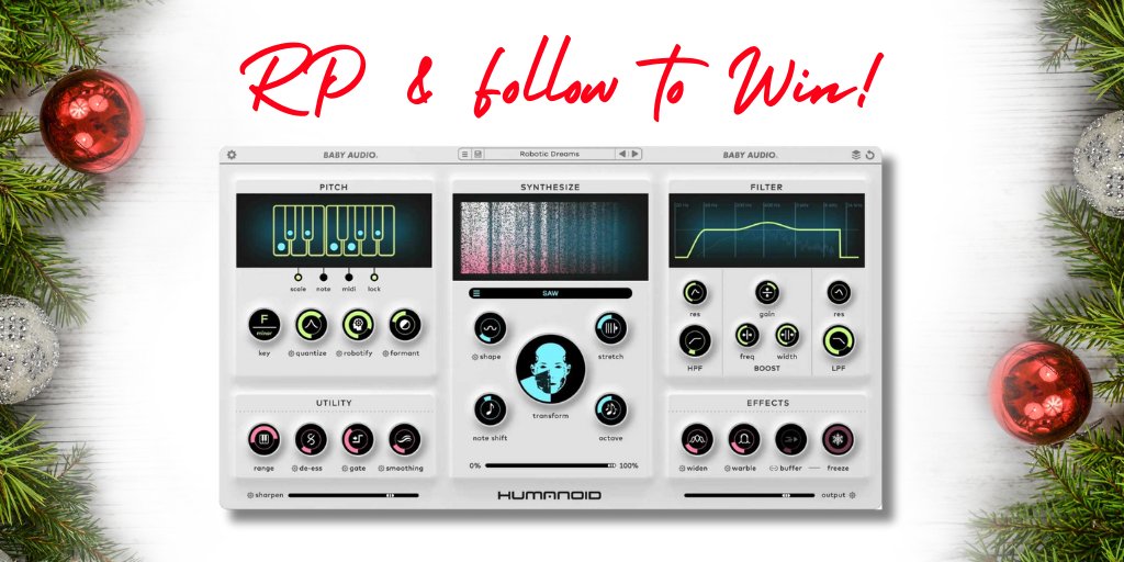 plugindeals's tweet image. REPOST &amp;amp; FOLLOW @plugindeals and @BabyAudio to WIN the Humanoid plugin offered by Baby Audio 🎅 

🎄 babyaud.io/humanoid

1 Winner chosen January 3