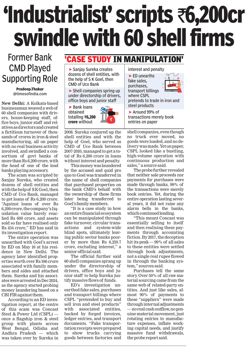 prasannavishy's tweet photo. A case from the glorious PSU phone-banking era (2007–10)
An “industrialist” (Sanjay Sureka) scripts a ₹6,200 crore fraud using 60 shell firms.
Drivers, office boys, junior staff made directors. Fake turnover. Circular trades. 99% entries on paper. Not a single truck moved.
The chief enabler S K Goel, then CMD of UCO Bank. Loans flowed without interest or penalty.
ED later finds ₹100+ crore in properties, parked via shell firms and transferred to Goel and his family.
Sales and purchases? Largely fictitious.
Recoveries so far? Against loans of over Rs 6,200 crore, the company’s liquidation value barely reached Rs 600 crore, and assets sold so far have realised only Rs 434 crore. via @timesofindia