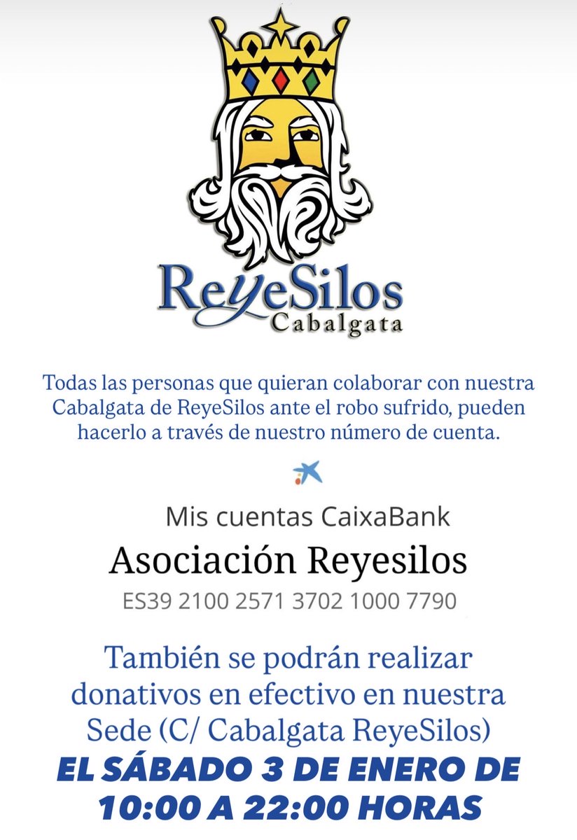 ‼️ RECOGIDA DE DONATIVOS A CAUSA DEL ROBO SUFRIDO EN NUESTRA SEDE. 

¡Entre todos haremos posible el gran 6 de enero! 🌟
.
.
.
#ReyeSilosAlcalá