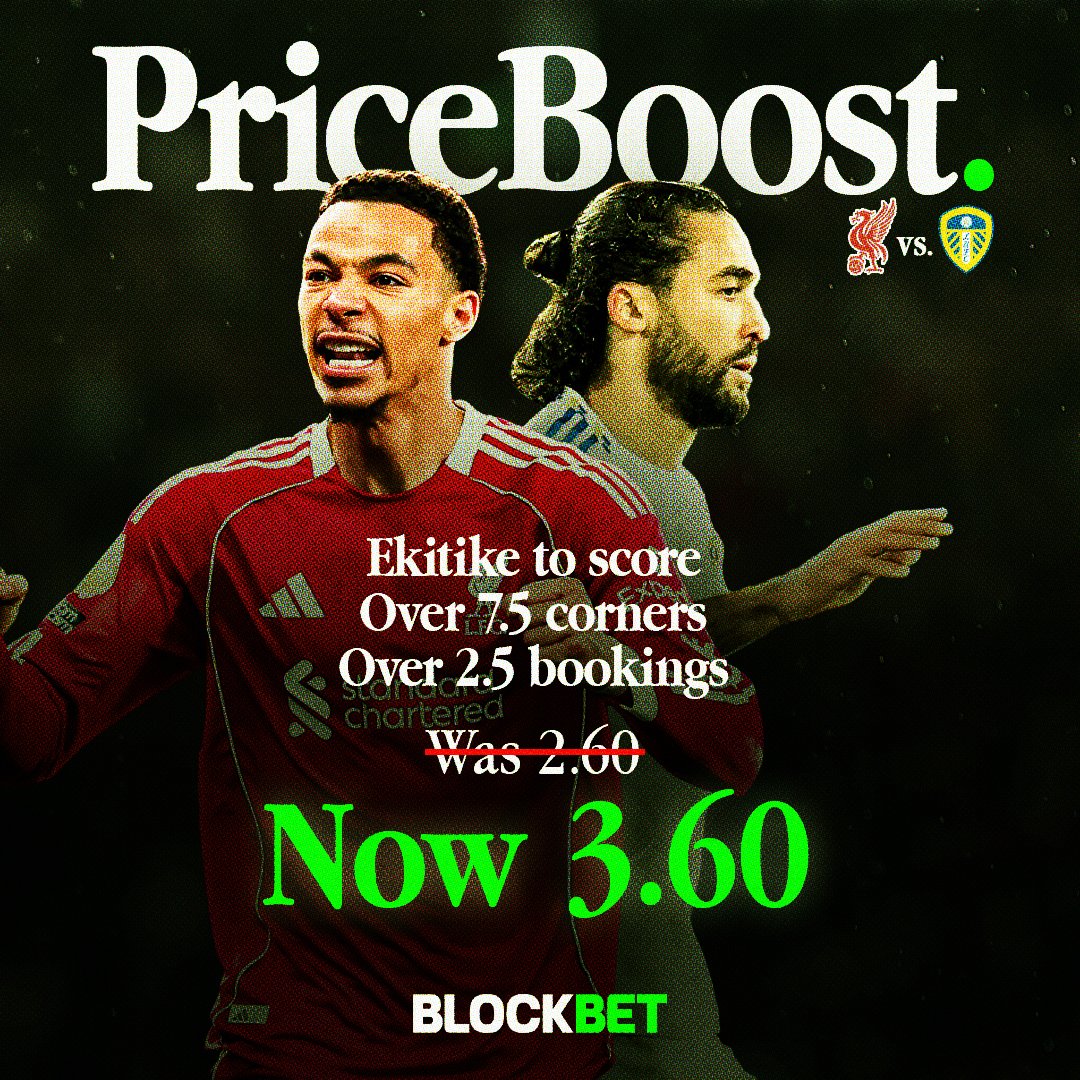 BlockBetGG's tweet image. New Year’s Day at Anfield. 😮‍💨

Liverpool vs Leeds kicks off today's EPL action, just four weeks after their 3-3 draw at Elland Road. 🥶

At BlockBet, we're now the best price anywhere on:

➖ Ekitike to score
➖ Over 7.5 corners
➖ Over 2.5 bookings 

Link below. Lock in. 💵