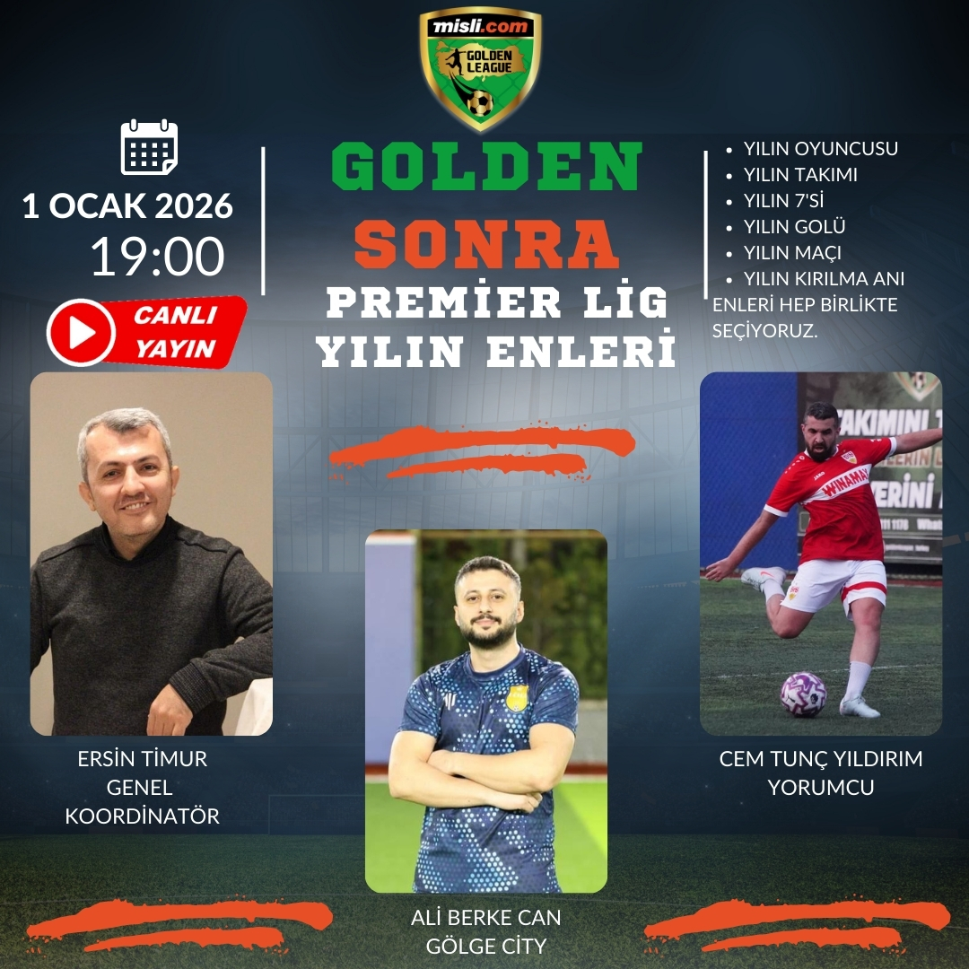 Golden Sonra / Premier Lig - Yılın ENLERİ

Yeni yılda geçen yılın enlerini seçeceğimiz programda konuğumuz Bizim Çocuklar takım kaptanlarından Cem Tunç Yıldırım ve Gölge City kaptanı <a href="/aliberkecan7/">Ali Berke Can</a> olacak.

Sorularınız varsa görselin altında paylaşabilirsiniz.

<a href="/ErsinTimurrr/">Ersin Timur</a>