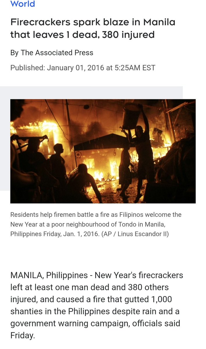 Há exatamente 10 anos, 12 de nivoso de 224

Fogos de artifício da comemoração da virada de ano provocam incêndio em Tondo, distrito da capital filipina de Tondo, e são queimadas umas mil casas diferentes.