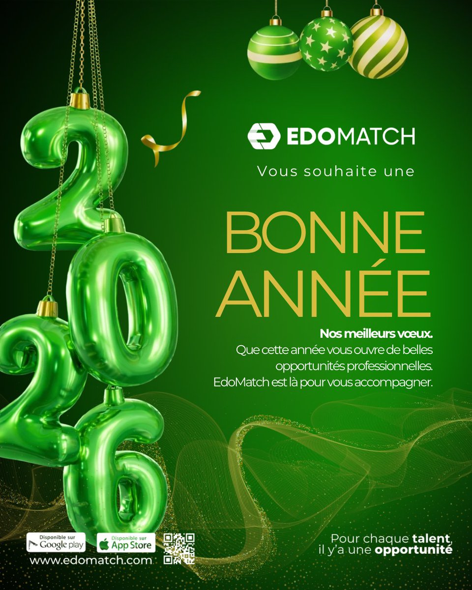 Toute l’équipe EdoMatch vous souhaite une excellente année 2026.
Que cette nouvelle année soit remplie d’opportunités, de croissance et de belles réussites professionnelles.
Nous restons à vos côtés pour créer les bons matchs. 🤝
#BonneAnnée2026 #EdoMatch #Opportunités #Carrière