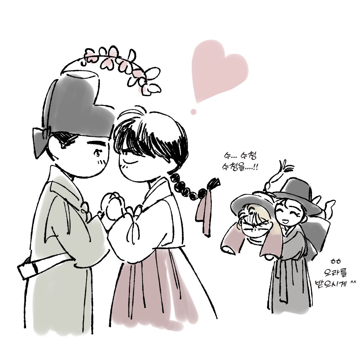 전 이때 추석 낙서 아직도 너무 좋아해요🥹❣️ 어린 시절 사랑을 약속한 캔디춘향과 하준몽룡이 다시 재회해서 이뤄지고 캔디춘향을  노리지만 캔디가 눈길도 안주는 섭공 우노사또ㅋㅋ 그리고 그 사또를 묶고 싶어하는 수상한 어사ㅋㅋ 레캔 밷애