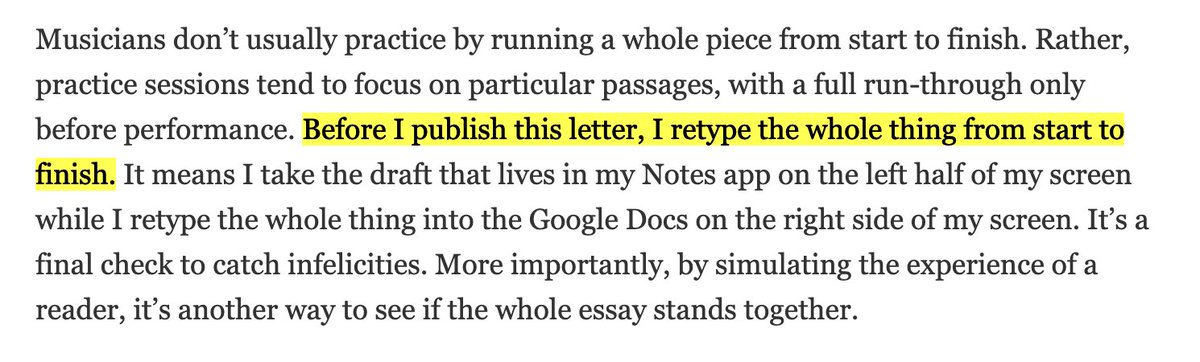 Enjoyed this snippet from Dan Wang's latest annual letter: before publishing, he retypes the whole thing start to finish.