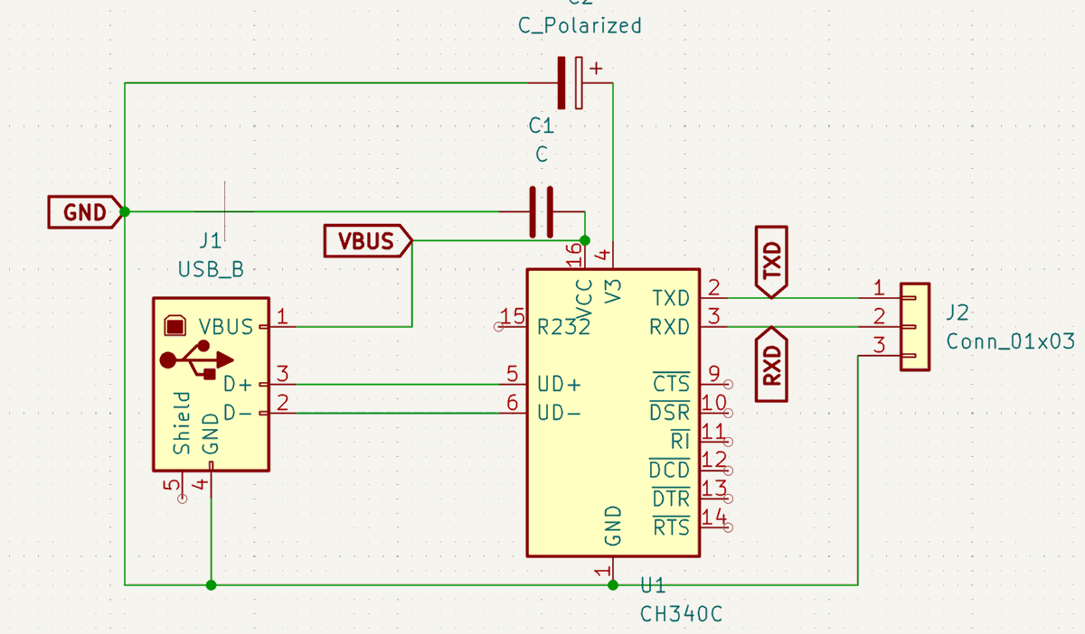 Yash_Kumar2's tweet photo. Day 14 PCB design
Started a USB-to-UART (CH340C) board.
Today was all about getting the schematic right:
• USB power (VBUS, GND)
• Proper wiring
• USB D+ / D− routing
• TX/RX out cleanly https://t.co/w7uKYAue6D