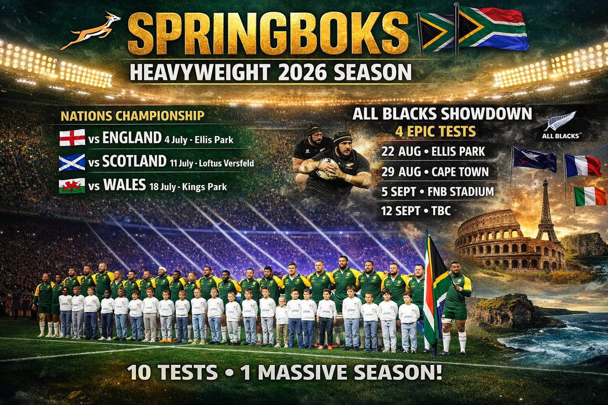 Ten Tests. Eight opponents. One massive year. 
The <a href="/Springboks/">Springboks</a>  2026 fixture list is confirmed – featuring a four-Test series against the <a href="/AllBlacks/">All Blacks</a>  Band a tough European finish. 🏉
theathlete.co.za/2026/01/01/all…