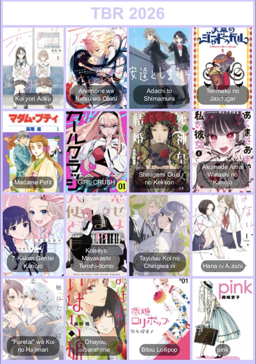 my 2026 tbr, I’m hoping to read a little bit more this year! I got a mix of shoujo and yuri and I’m excited to start these titles too. 🤍