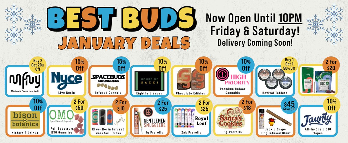 Time to usher in the New Year with some amazing deals all month long. Open today until 4 PM for all your top shelf needs #CollegeTown #Cannabis #NYCannabis #rochesterny #CannabisNY #Roc #holiday #christmas #NYE #NewYear2026