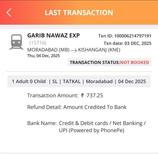 TanweerAzam7's tweet photo. I had booked a ticket through IRCTC; however, I did not receive the ticket confirmation. Additionally, the booking amount has not yet been refunded to my account.
What's my refund status ?
@IRCTCofficial @HDFCBank_Cares https://t.co/4uzCxmrT7Q