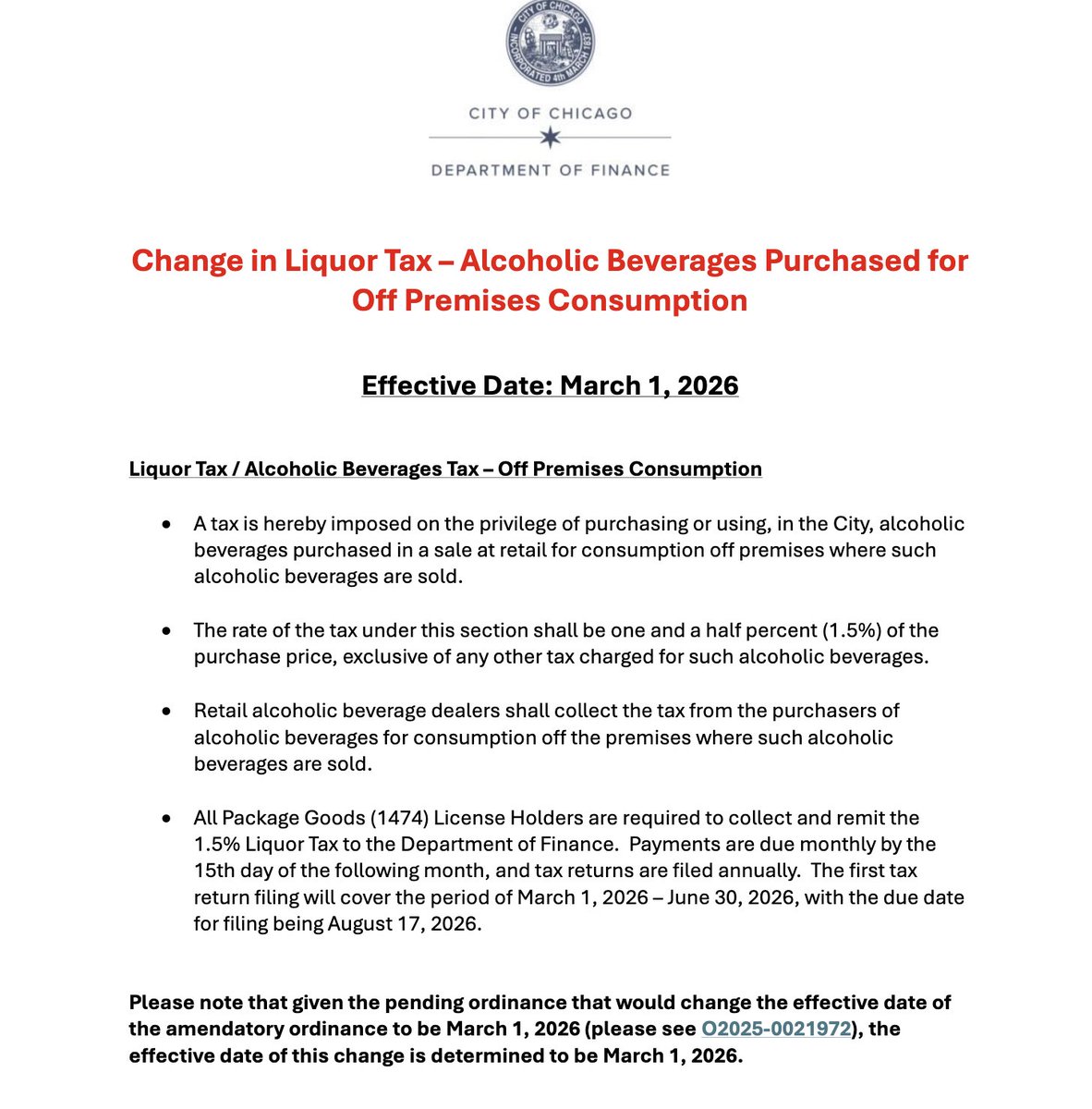 PSA: The new Chicago 1.5% sales tax on to go alcohol purchases at grocery, liquor, &amp; convenience stores (adopted in the City's 2026 budget) has been postponed to March 1st, 2026.

HBAC thanks Alderman Nugent, Alderman <a href="/mattoshea19/">Matthew J. O'Shea</a> and <a href="/ChicagoBACP/">ChicagoBACP</a> for the delayed implementation.