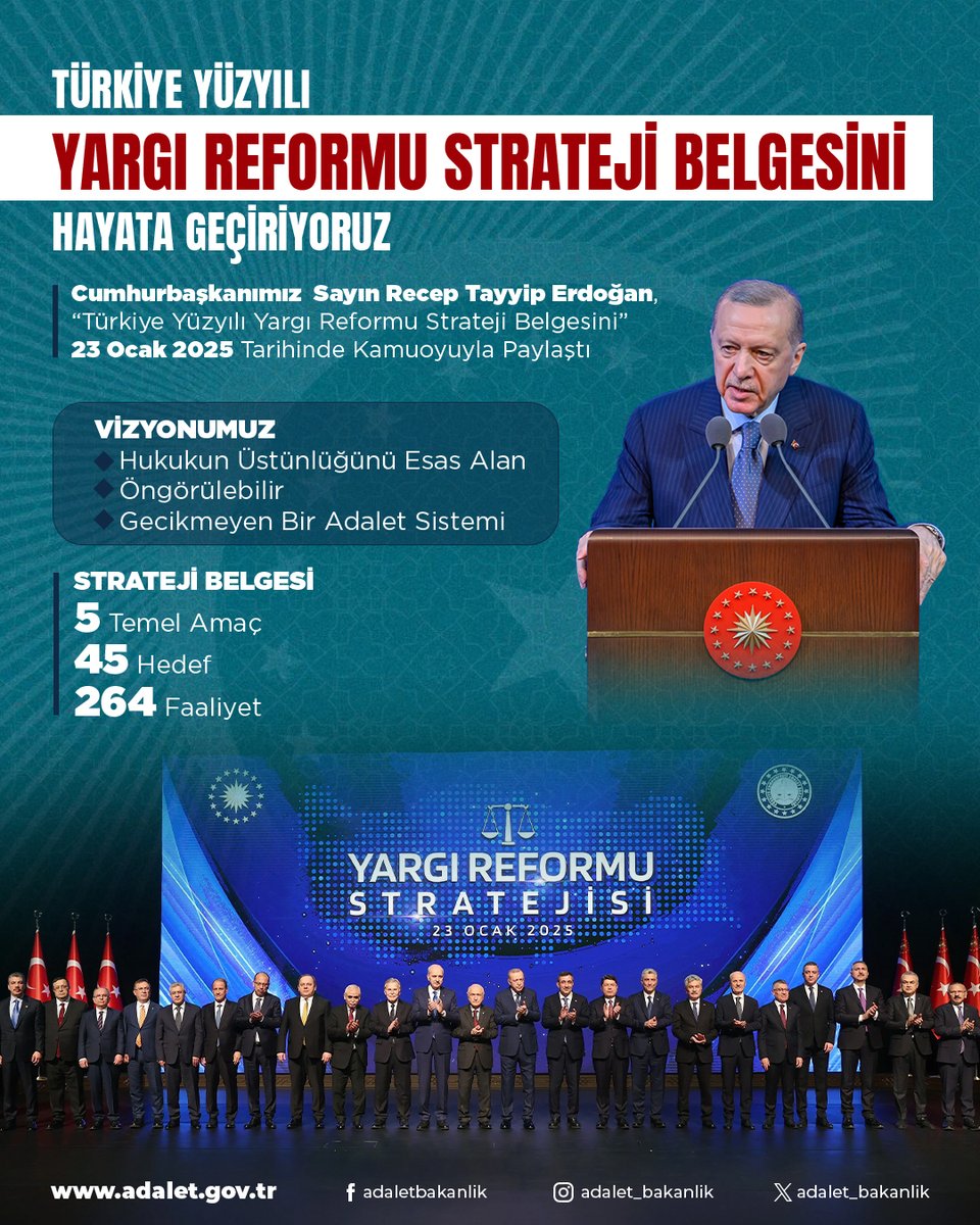 Adalet, medeniyetlerin ana sütunu ve toplumların vicdanıdır. 

Reform irademizi daima diri tutuyor, daha güvenilir ve daha etkin bir adalet sistemi için hedeflerimizi sürekli yeniliyoruz. 

Türkiye Yüzyılı Yargı Reformu Strateji Belgemiz, Cumhurbaşkanımız Sayın Recep Tayyip