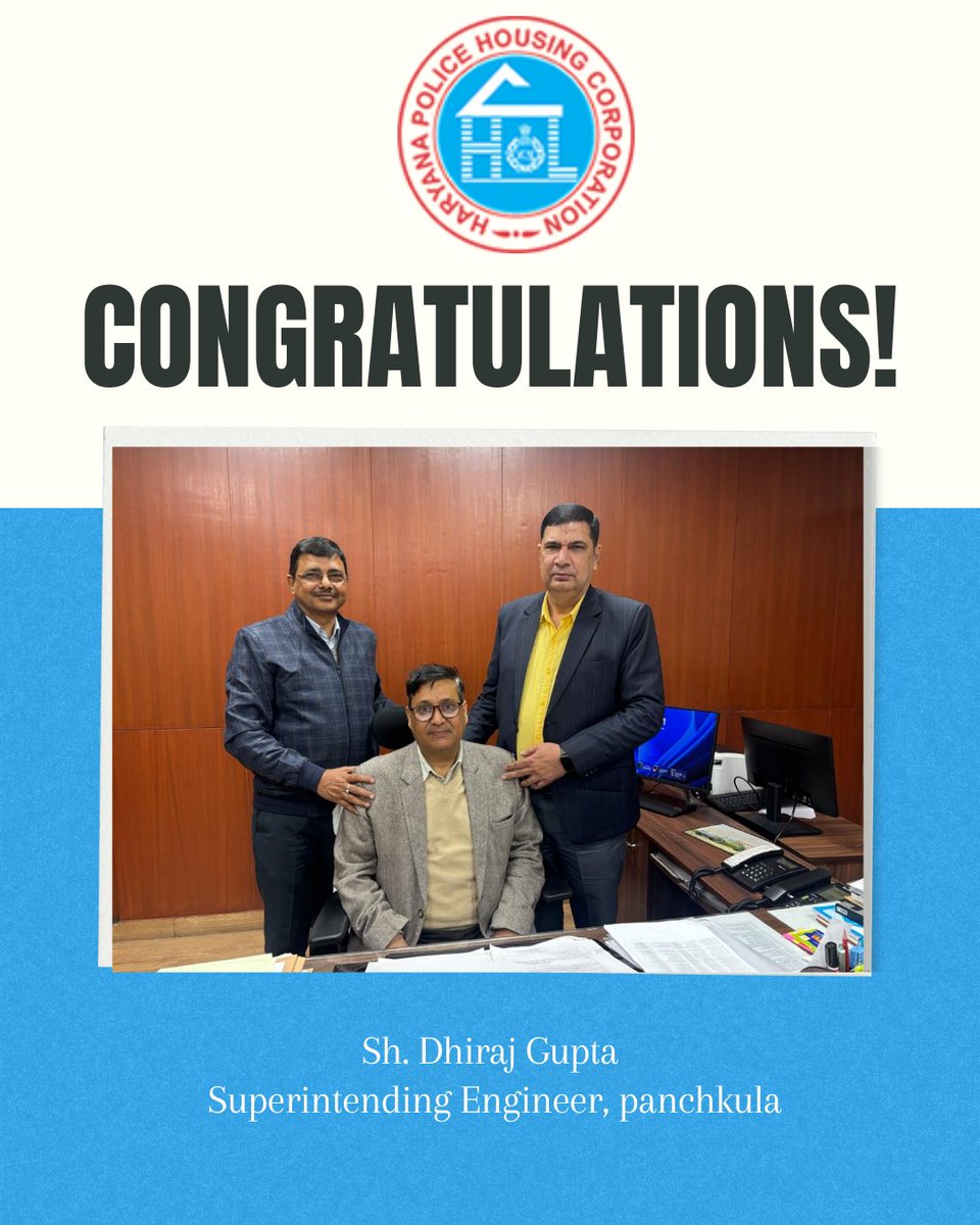 hphchry's tweet photo. Congratulations to Sh. Dhiraj Gupta on being promoted to Superintending Engineer, Panchkula. This achievement reflects his dedication and hard work. Wishing him great success and good luck as he takes on new responsibilities.
#HPHC #HaryanaPoliceHousing #PublicSectorProjects #SmartHousingSolutions #GovernmentHousingProjects