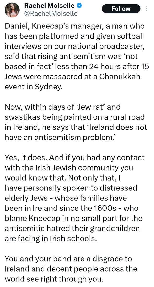 AnGaelBeag's tweet image. Dear Lord now she is blaming Kneecap &amp;amp; Daniel Lambert for the antisemitic hatred the grandchildren of elderly Jews are subjected to in Irish schools 😳

This woman is dangerous &amp;amp; her over dramatic response to alleged antisemitic attacks on children will end badly for Ireland