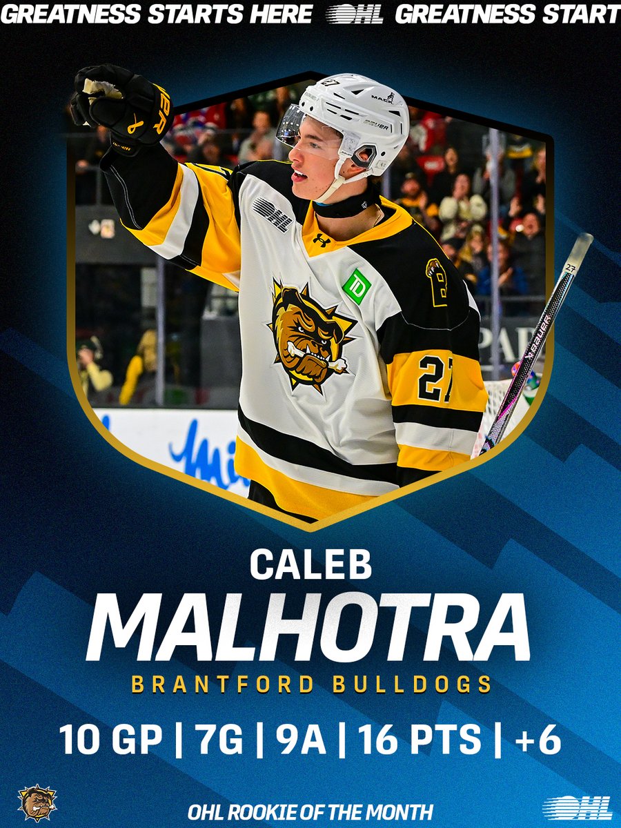 OHLHockey's tweet image. Caleb Malhotra answered the call 🐾

The @BulldogsOHL rookie piled up 16 points (7-9–16) over his last 10 games and holds the #OHL rookie scoring race with 48 (18-30–48)

DETAILS 🗞️: tinyurl.com/57zx5bmp

#NHLDraft | @FloHockey