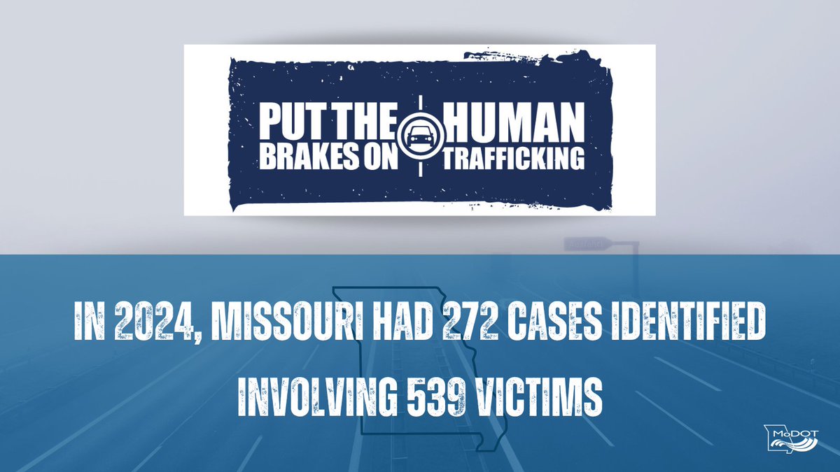 MoDOT's tweet image. January is National Human Trafficking Prevention Month. Missouri had 272 cases identified involving 539 victims reported in 2024. Call the National Human Trafficking Hotline at 1-888-373-7888 or text BeFree (2337333) or call 9-1-1 if someone is in immediate danger.