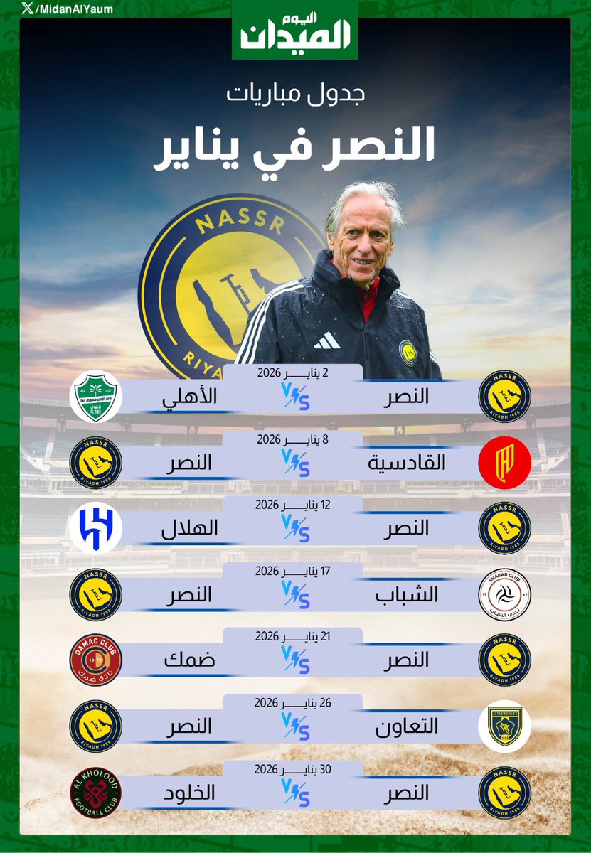 MidanAlYaum's tweet photo. 7 مباريات.. جدول مباريات #النصر في يناير 🗓️🟡

#الميدان | #دوري_روشن_السعودي https://t.co/yRJFDmXMpj