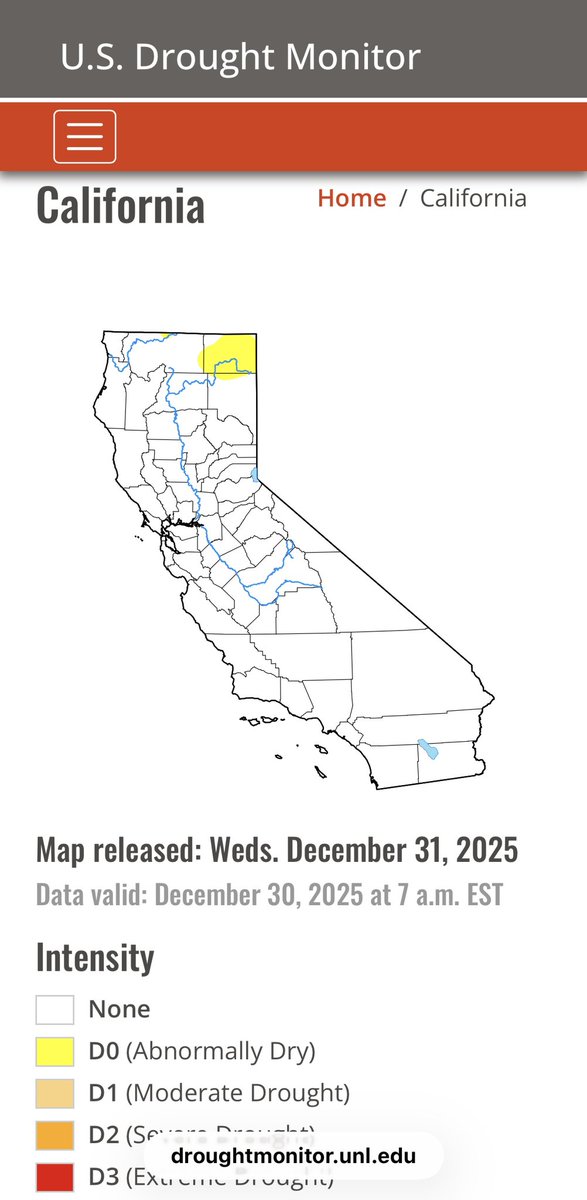 In 2015, Governor Jerry Brown declared that California was in a permanent drought due to Global Warming. Since then, we have been told that virtually every year was the “hottest on record.”

Yet, but some “miracle,” CA is starting 2026 with not 1 inch of land in legit drought! 🤔