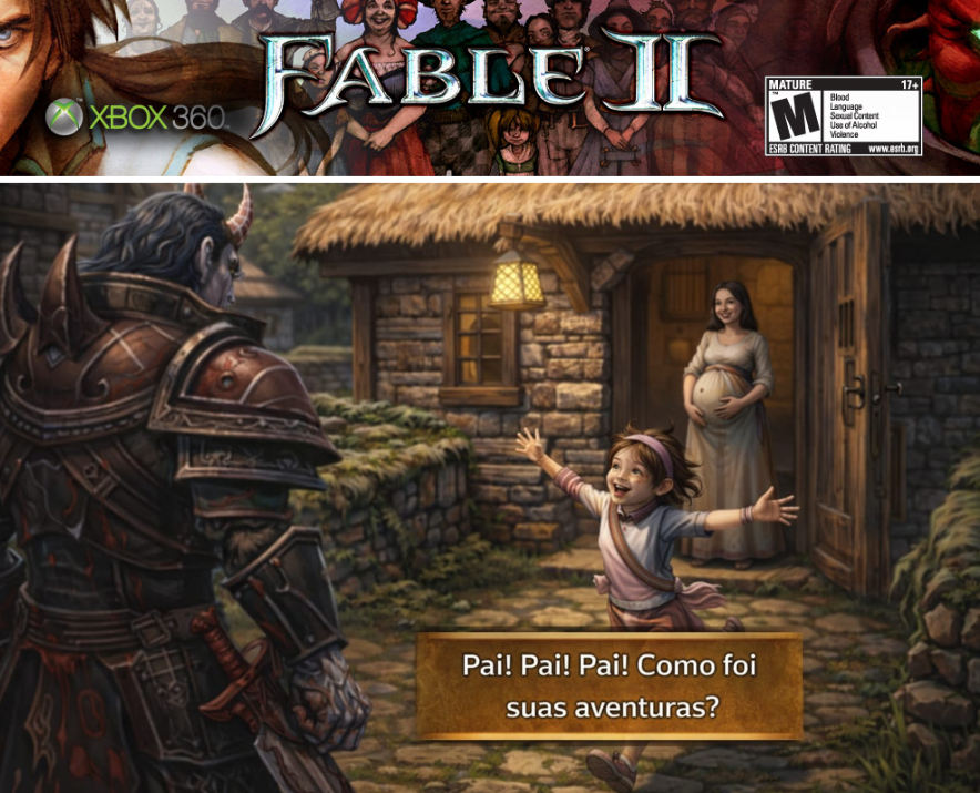Fablebrazil's tweet photo. Não agrega em nada na Narrativa , mas esses momentos são tão inesperado q faz com q os jogadores peguem carinho pelo jogo
Em #FABLEII voce pode ver seu 🧒👧 crescer e se vc passar longas jornadas fora ao voltar verá ele feliz vindo ate vc e perguntando das suas aventuras : https://t.co/meonyyxlEk