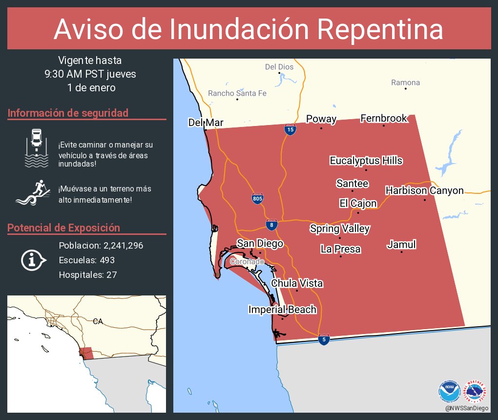 NWSSanDiego's tweet image. Aviso de Inundación Repentina continúa San Diego CA, Chula Vista CA, El Cajon CA hasta las 9:30 AM PST