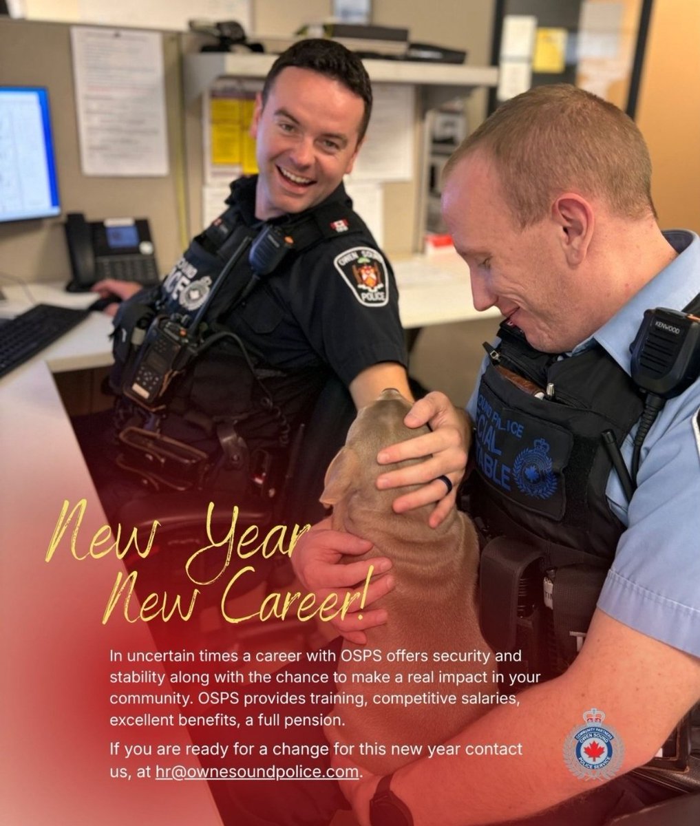 Happy New Year! A new year could mean a new career.  If you are thinking about a career change, email hr@owensoundpolice.com or head to our website owensoundpolice.com #JoinOurTeam