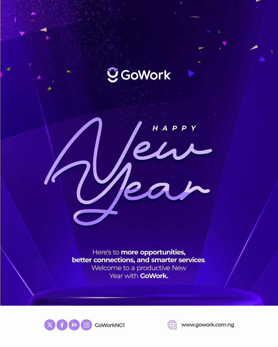 GoWorkNG1's tweet image. Happy New Year! 🎇 2026 is all about more opportunities, better connections, and smarter services.

Welcome to a productive New Year with GoWork. Let's get things done!

#HappyNewYear #GoWork #2026 #SmarterServices #Productivity #Nigeria