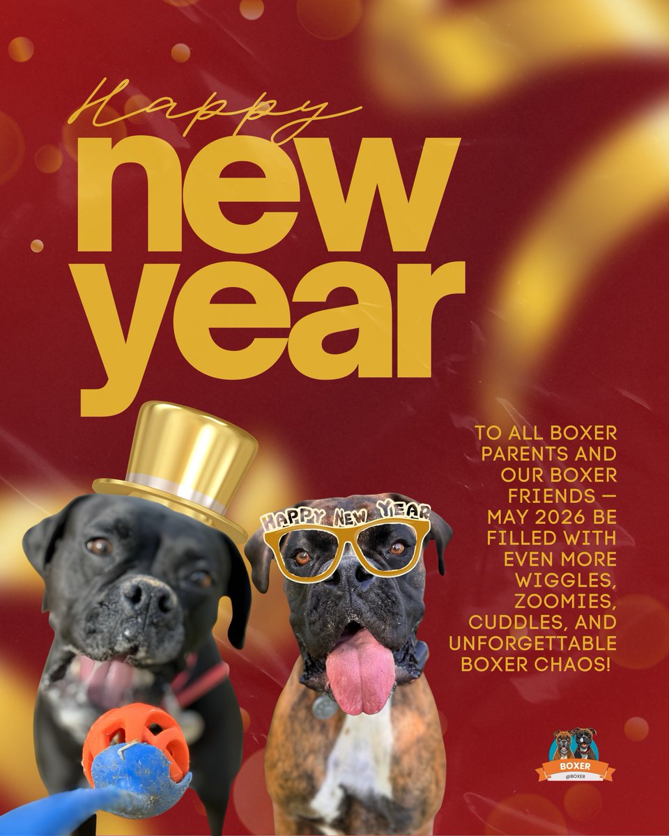 Boxer's tweet image. 🐶 Happy New Year, Boxer parents and Boxer friends! Here’s to 2026 bringing even more wiggles, zoomies, couch cuddles, and unforgettable Boxer chaos we wouldn’t trade for anything. 😂❤️ 

💾 Save this to kick off the year with good vibes and wagging tails.
📸 Lillie and Cain