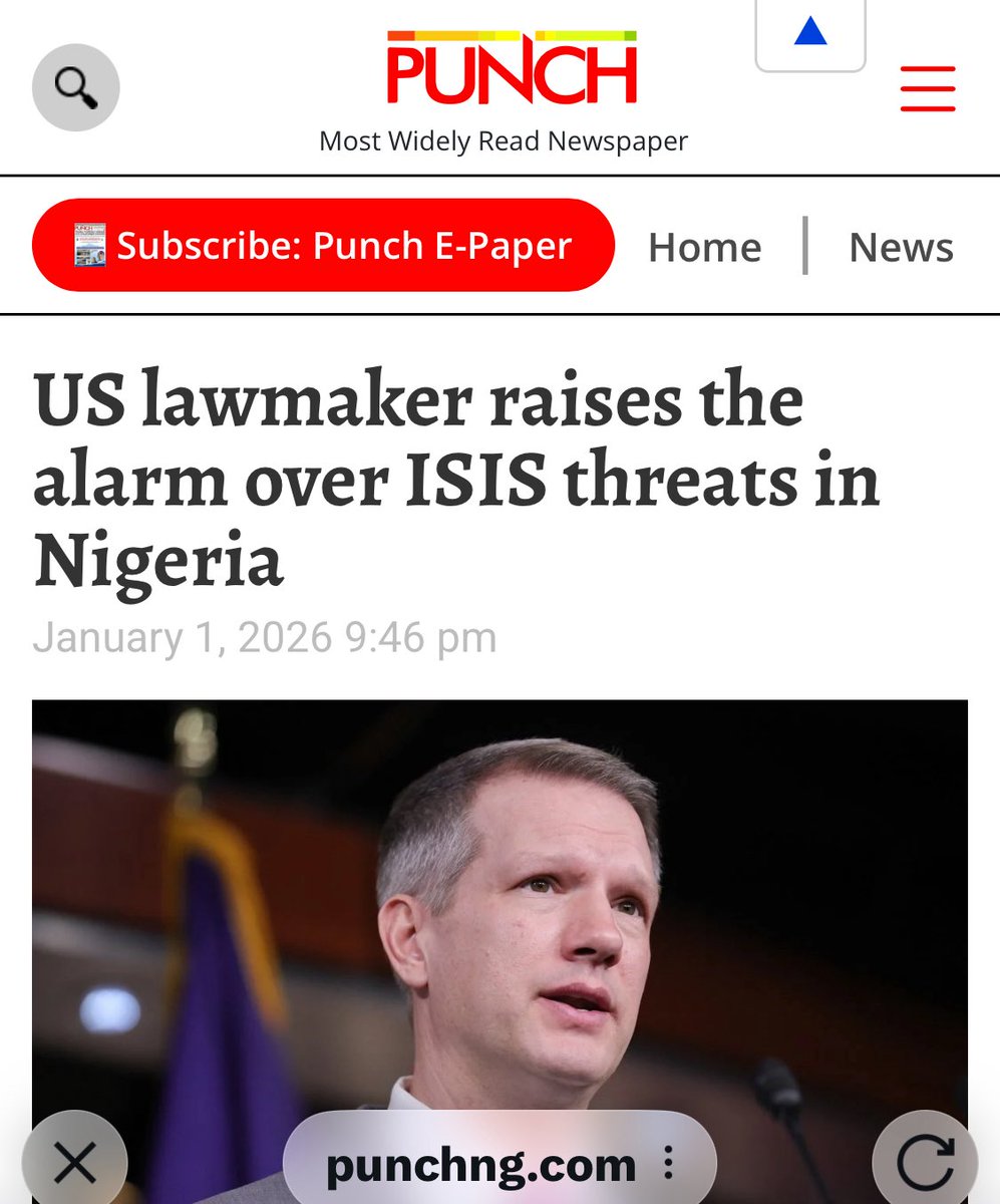 A US Congressman raises the alarm over ISIS threats in Nigeria, citing ISWAP's persecution of Christians and recent US airstrikes against the terror group.... 

punchng.com/us-lawmaker-ra…