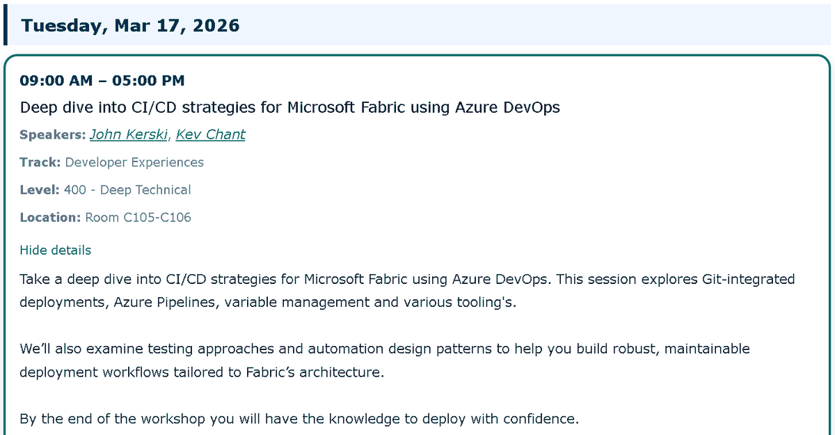 JKerski's tweet photo. Join Kevin Chant and me on March 17, 2026 at #FabCon for our workshop on CI/CD for Microsoft Fabric using Azure DevOps. We’ll cover Git deployments, pipelines, testing, and automation patterns.

Register: https://t.co/LHh1dwl4lh https://t.co/Azwt4kn0Br