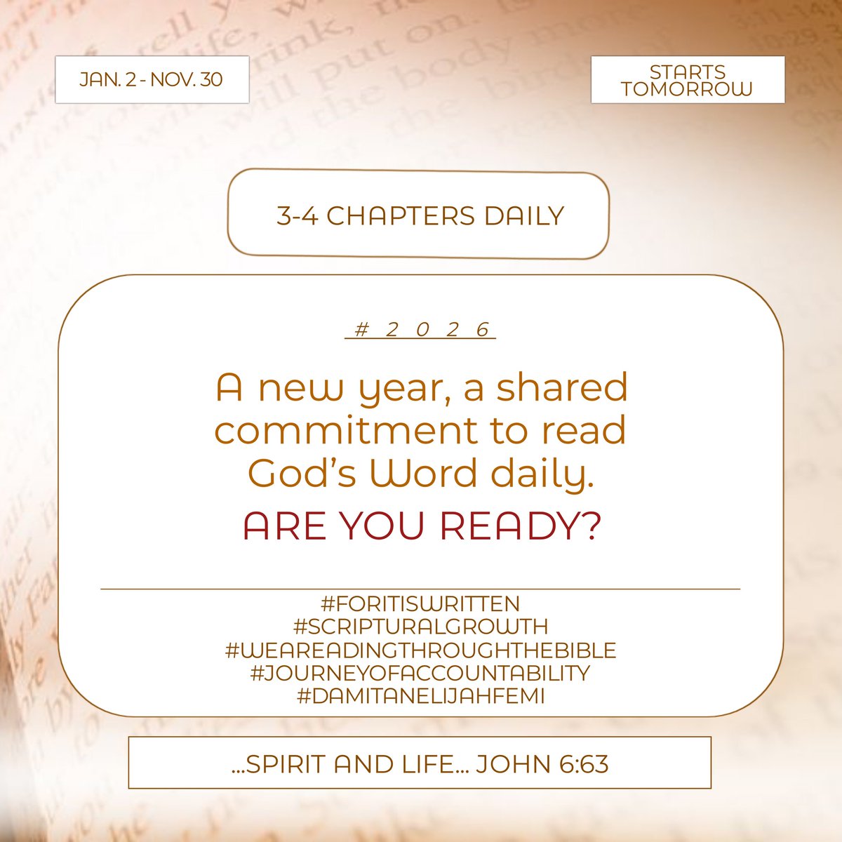Damitanelijah's tweet photo. 👇Comment "JOIN" to make your public commitment and let’s walk this journey together!

#ForItIsWritten #ScripturalGrowth
#ReadingThroughTheBible
#BibleStudy2026 #NewYearNewDepth #JourneyOfAccountability #DamitanElijahFemi #X #Xviral https://t.co/NJ3vvGQhSq
